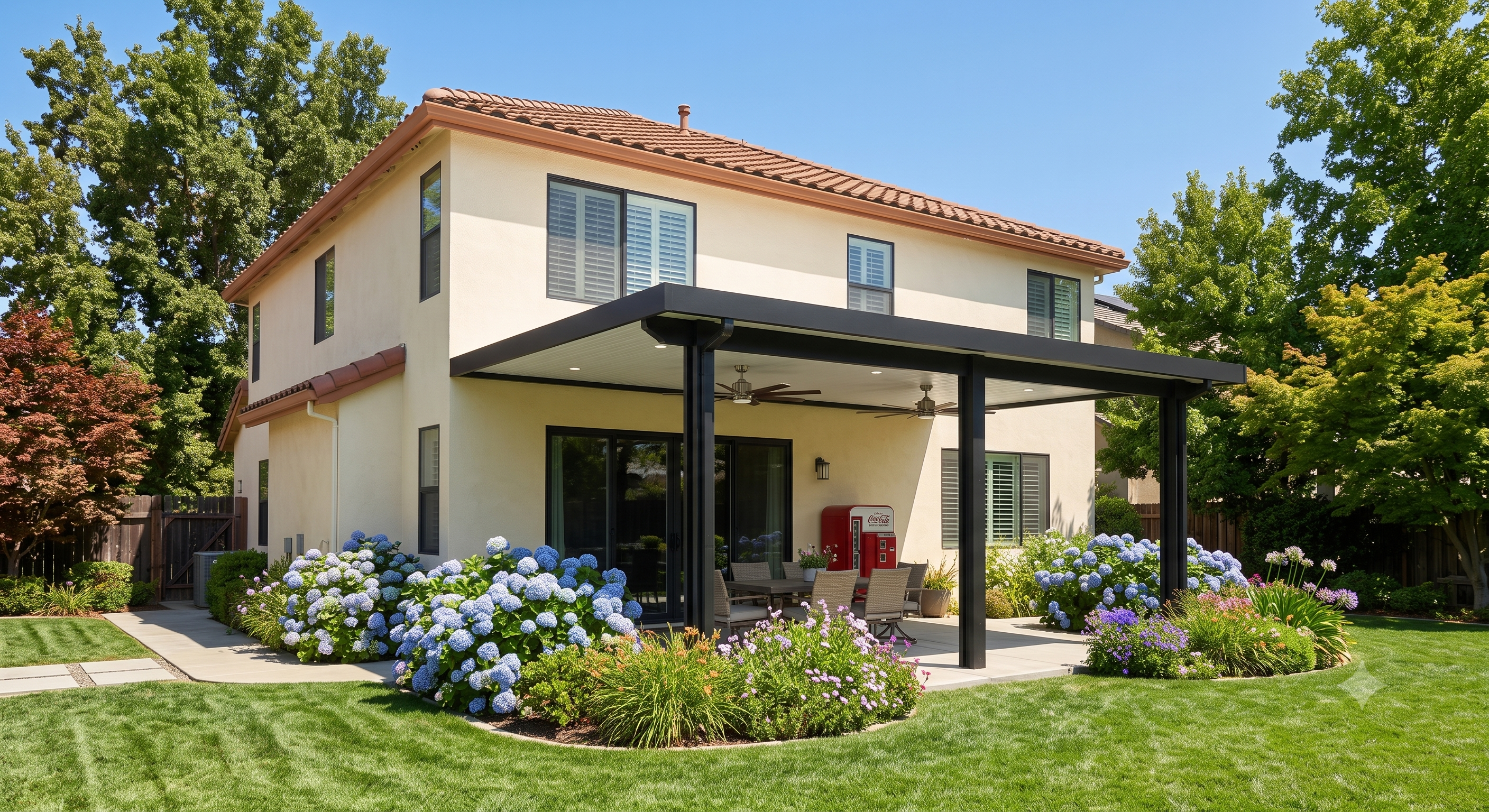 Charcoal solid panel patio cover with dual ceiling fans over a Mediterranean-style backyard with hydrangeas