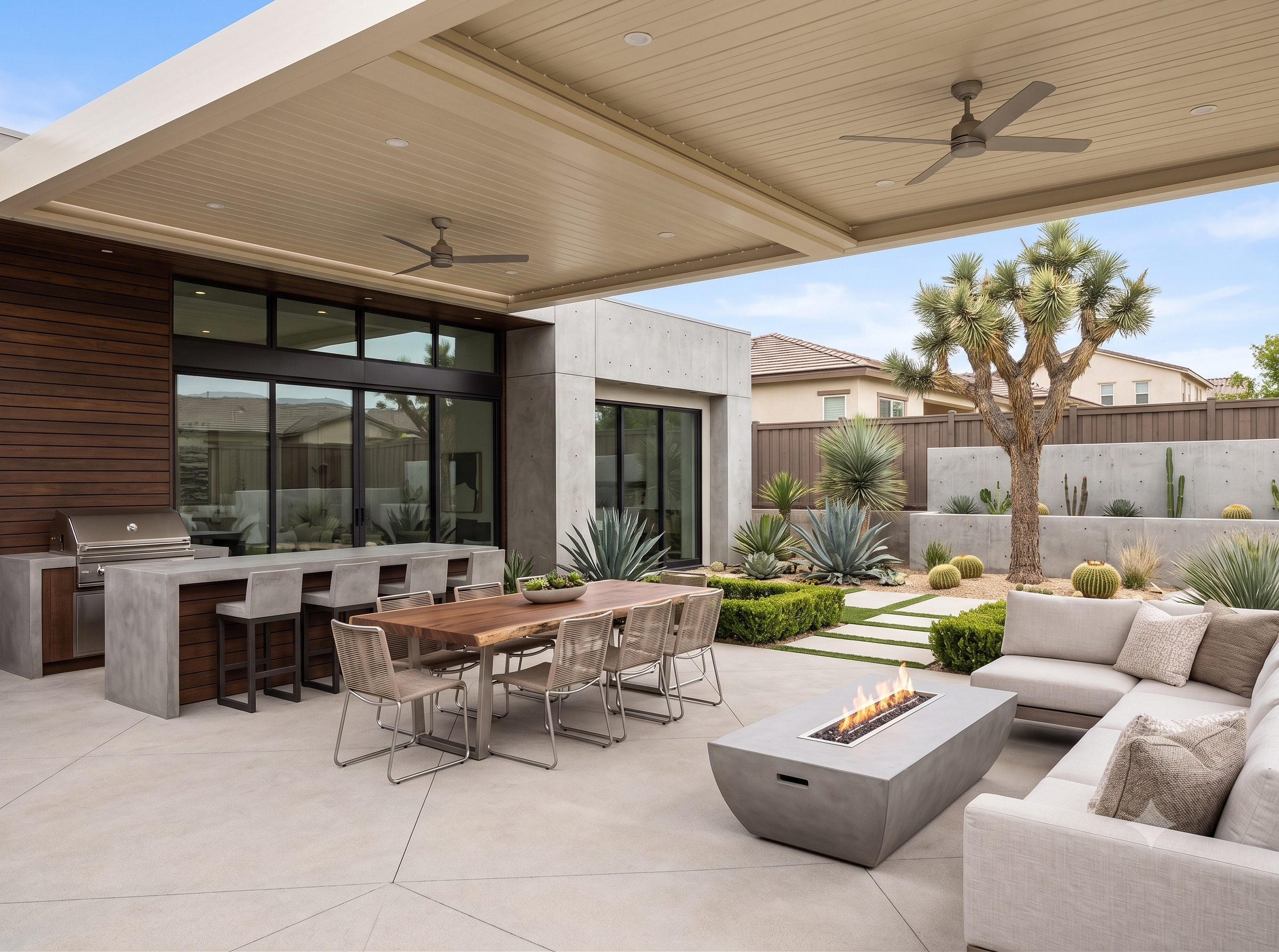 White solid panel patio cover with recessed lighting extending over a manicured desert landscape backyard