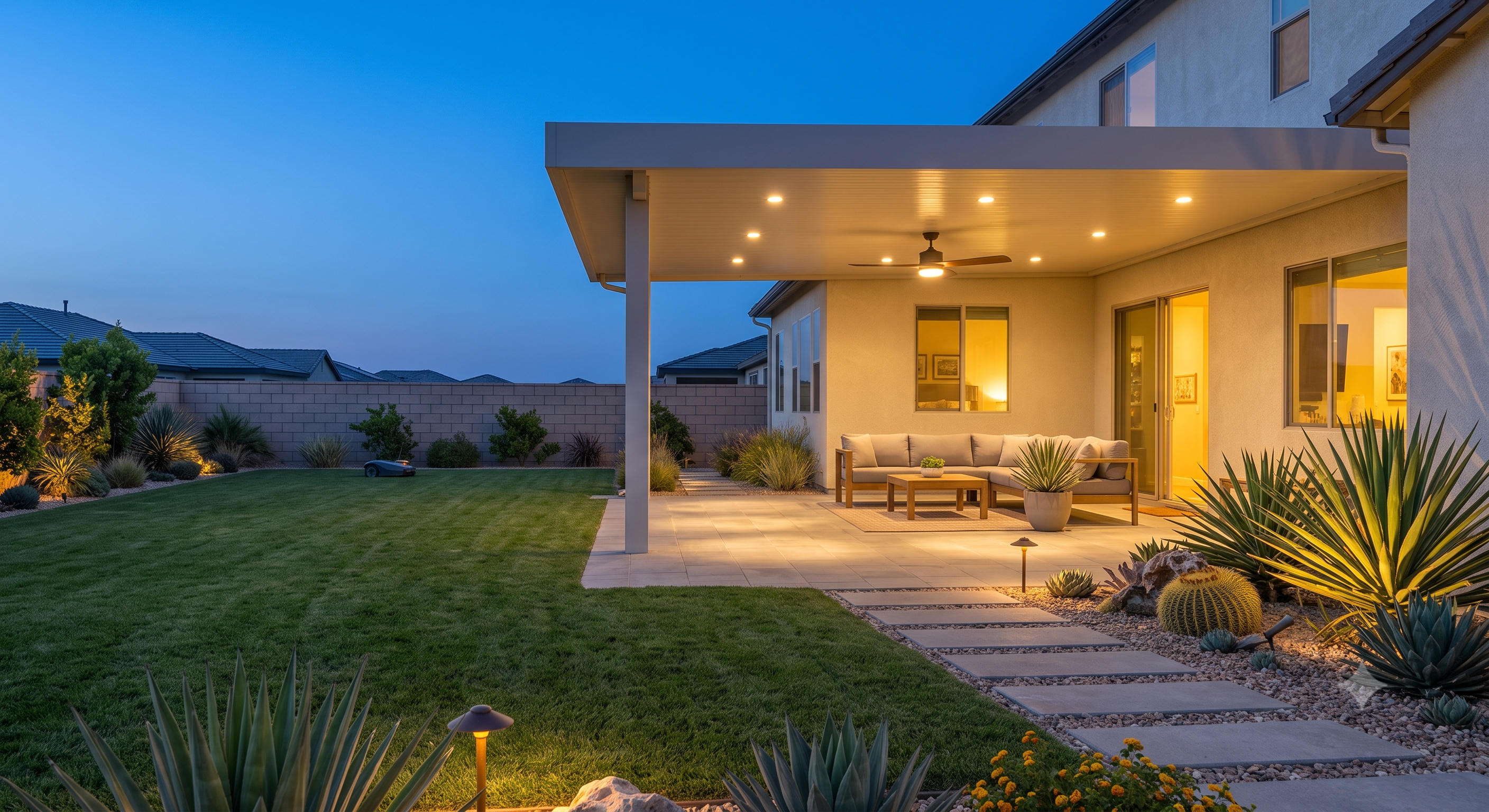 Under-cover view of a solid patio system with dual ceiling fans, recessed lights, string lights, and outdoor sofa with kitchen