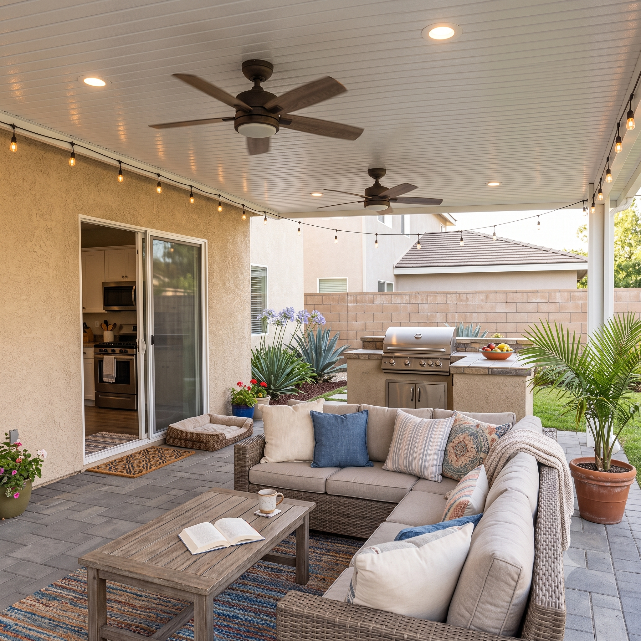 Modern luxury solid panel patio cover with dual ceiling fans over concrete outdoor kitchen bar and fire pit lounge