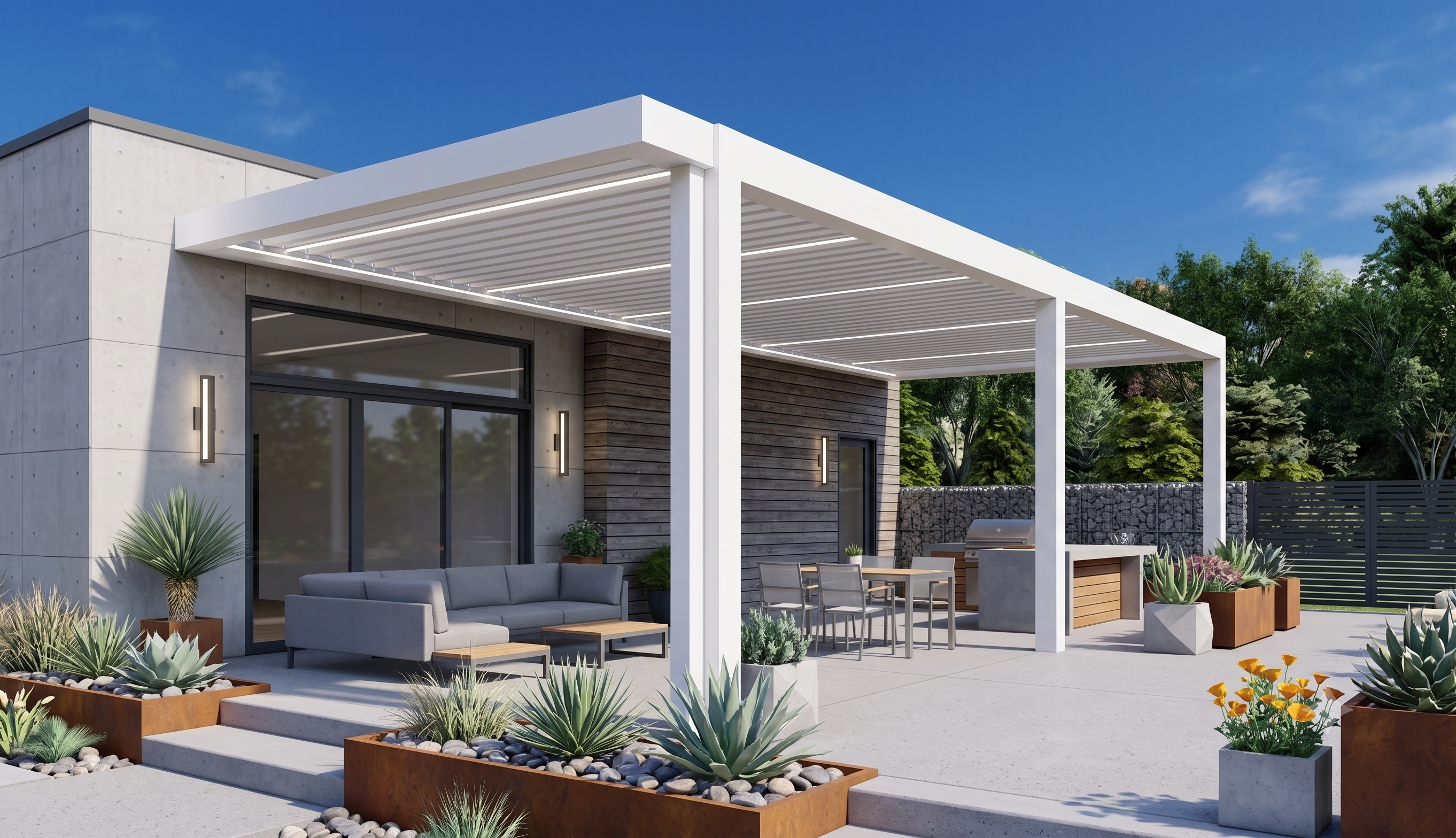 Modern white solid patio cover over a landscaped concrete patio with succulents and outdoor kitchen