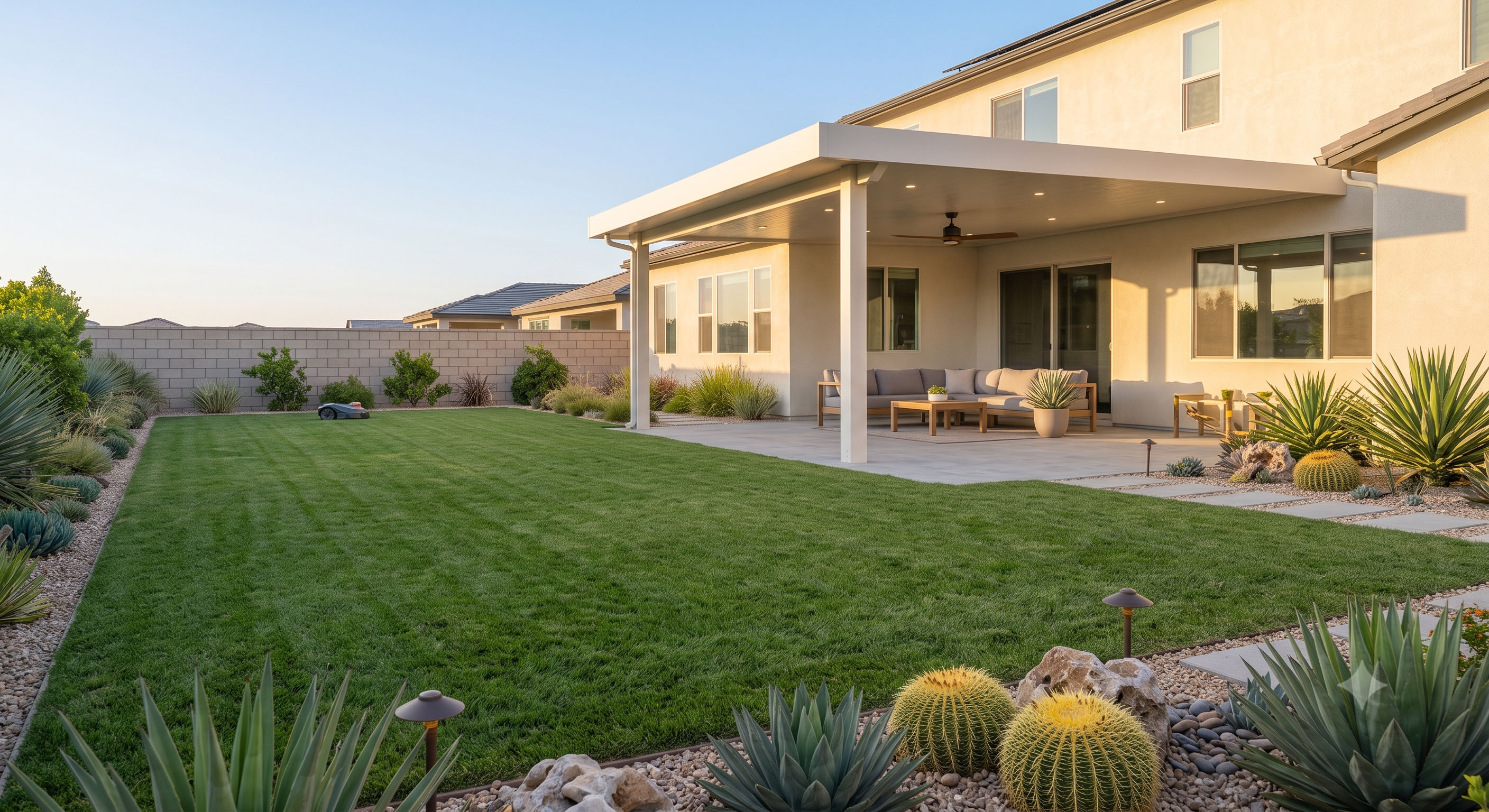 Insulated louvered patio cover with mountain backdrop